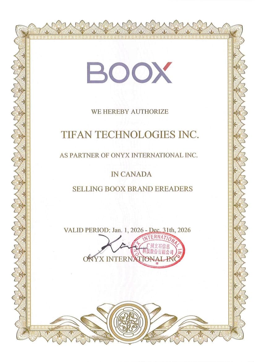 Official BOOX authorization certificate issued to TIFAN Technologies Inc. by Onyx International Inc.