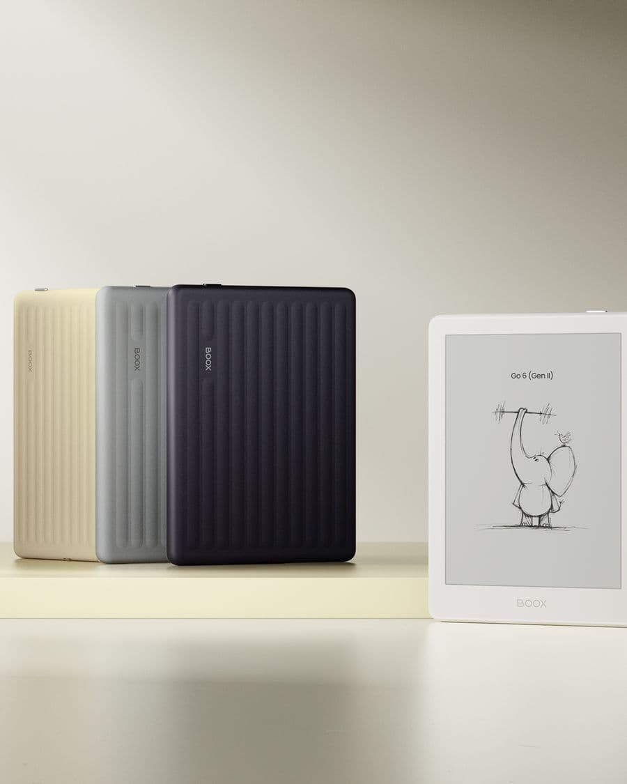 Four BOOX Go 6 (Gen II) units in Custard, Stone, Plum and Shell, three seen from the ribbed back and one from the front
