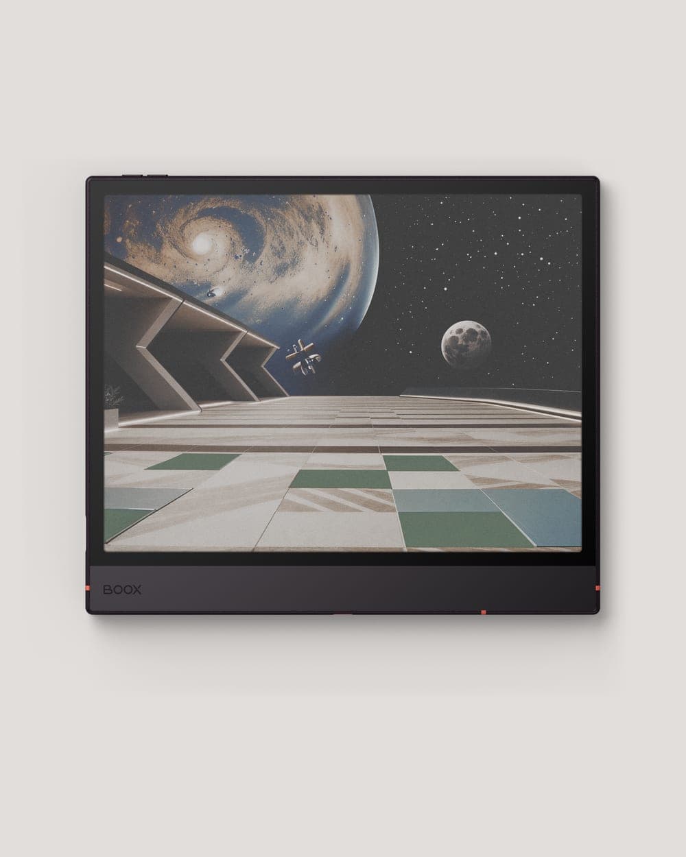 Un BOOX Note Air6 C affichant en plein écran une illustration couleur représentant une planète et une esplanade carrelée
