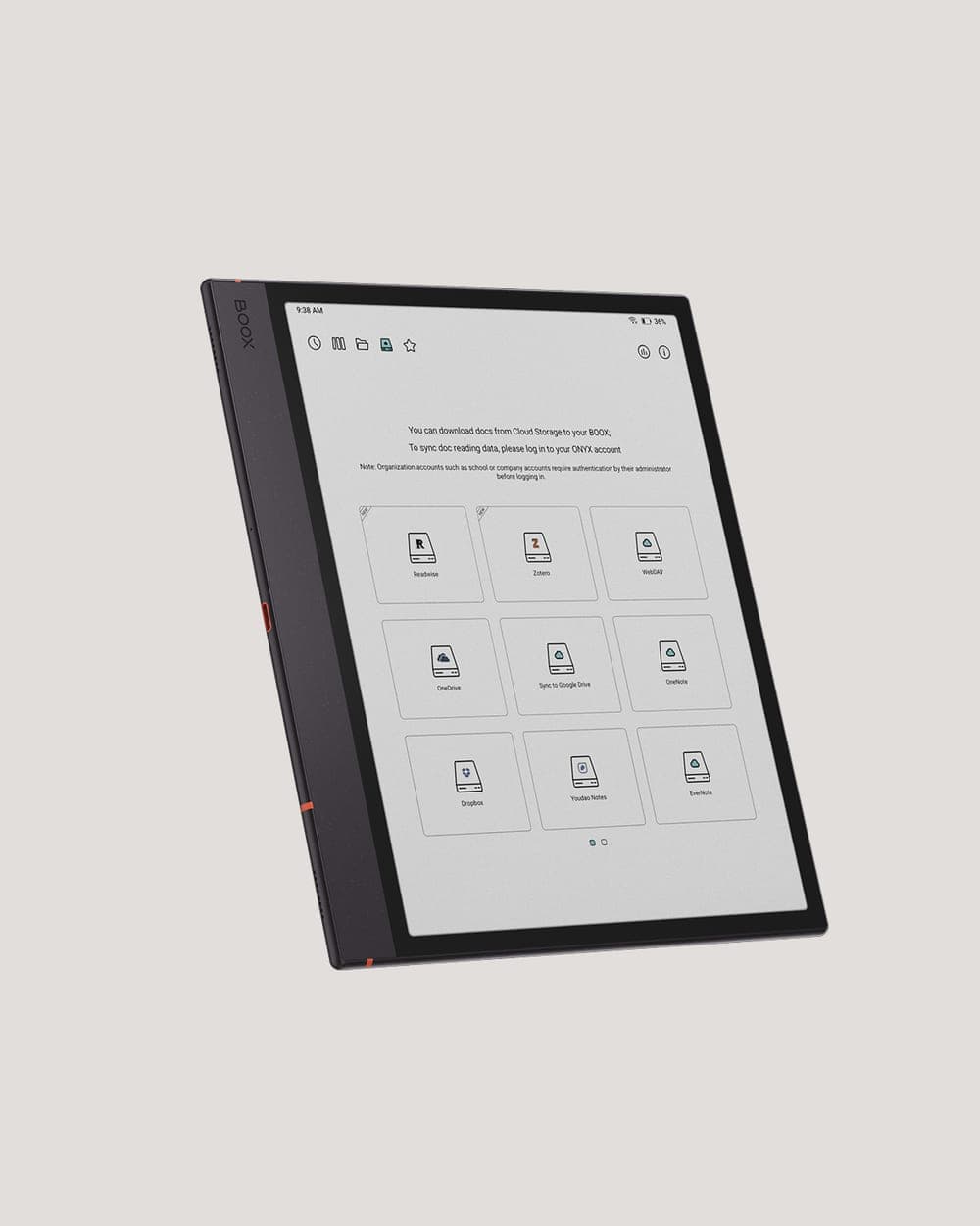 L'écran de stockage infonuagique d'un BOOX Note Air6 C montrant Readwise, Zotero, WebDAV, OneDrive, Google Drive, OneNote, Dropbox et Evernote