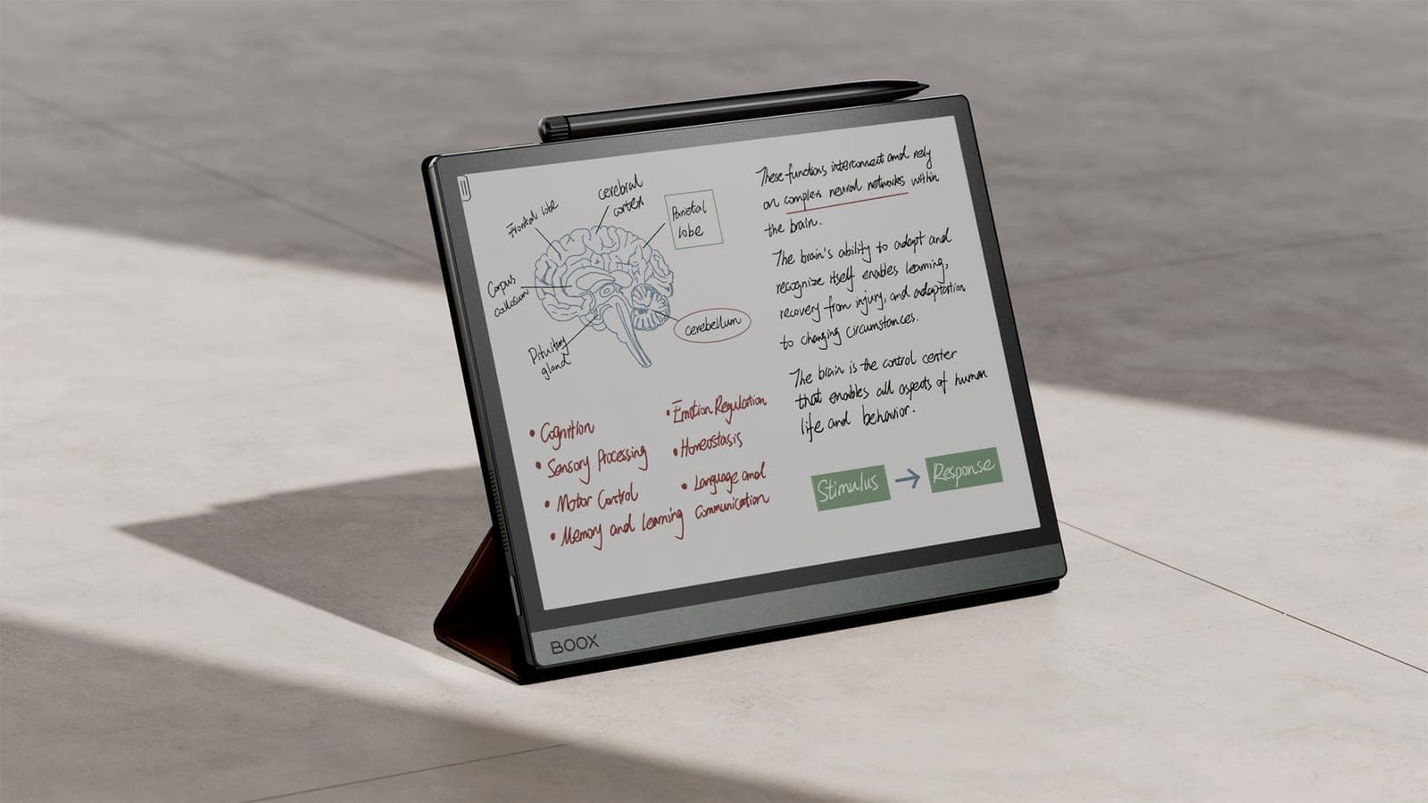 Handwritten study notes on a BOOX tablet propped on a desk
