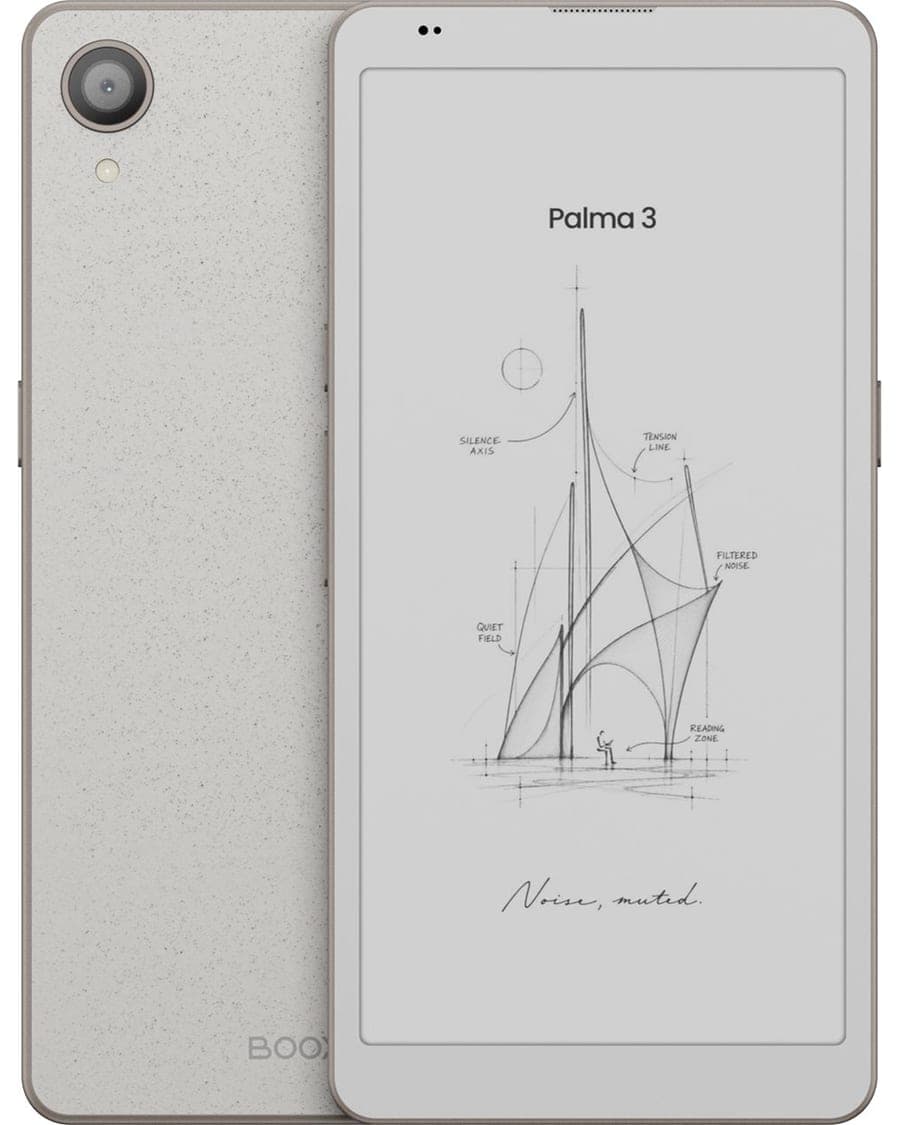Avant et arrière d'un BOOX Palma 3 gris titane, montrant le dos moucheté et la caméra de 16 Mpx