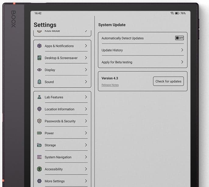 BOOX Settings open on System Update, showing Version 4.3 and the Check for updates button