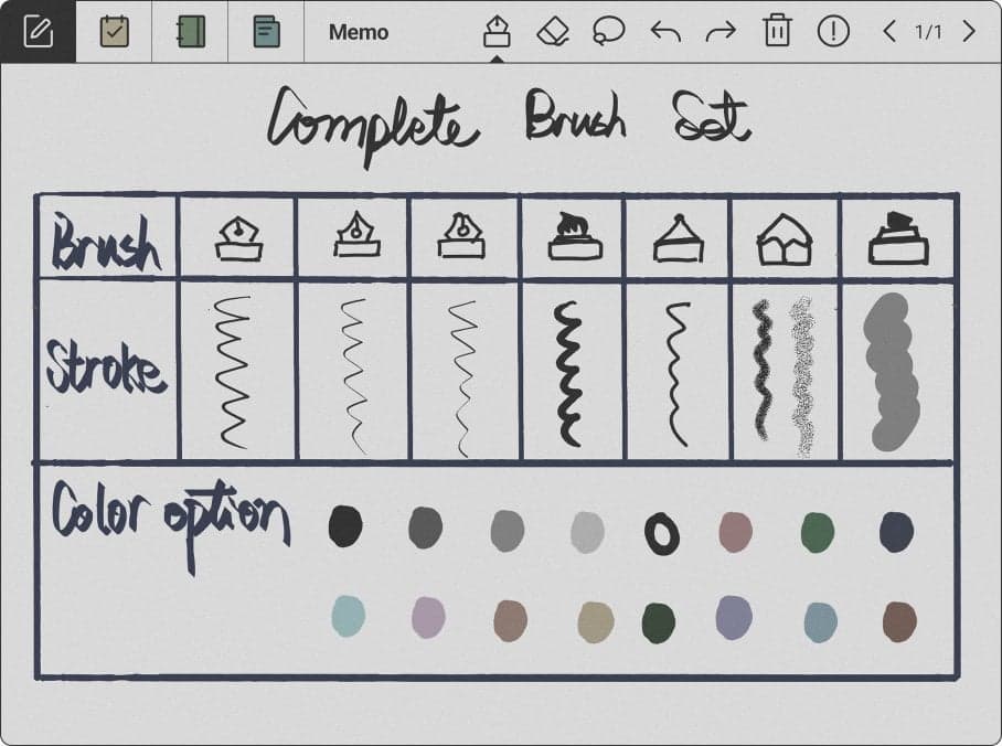 The Calendar Memo brush set: seven brushes with their strokes and the colour options