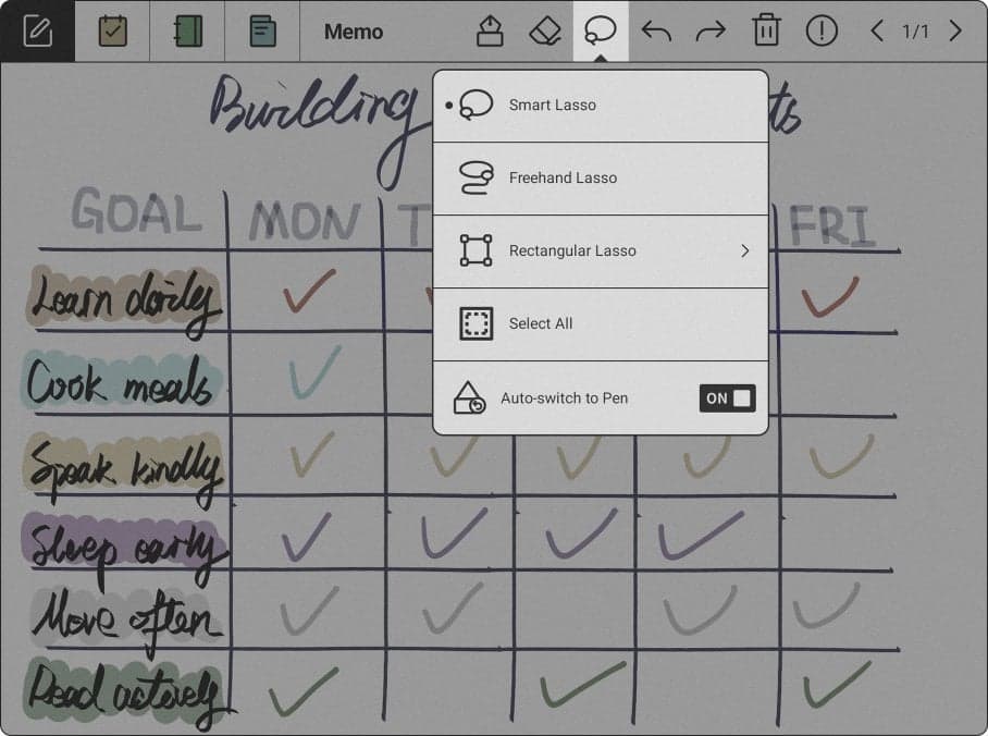 A handwritten habit tracker in Calendar Memo with the Lasso menu open: Smart, Freehand and Rectangular Lasso