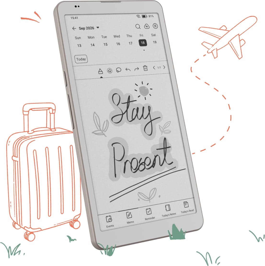 A BOOX Palma showing the calendar with a handwritten Stay Present memo, next to a suitcase and a paper plane