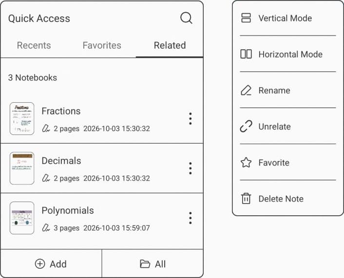 The BOOX Notes Quick Access panel listing three related notebooks, with a menu to open them in vertical or horizontal mode, rename, unrelate, favourite or delete