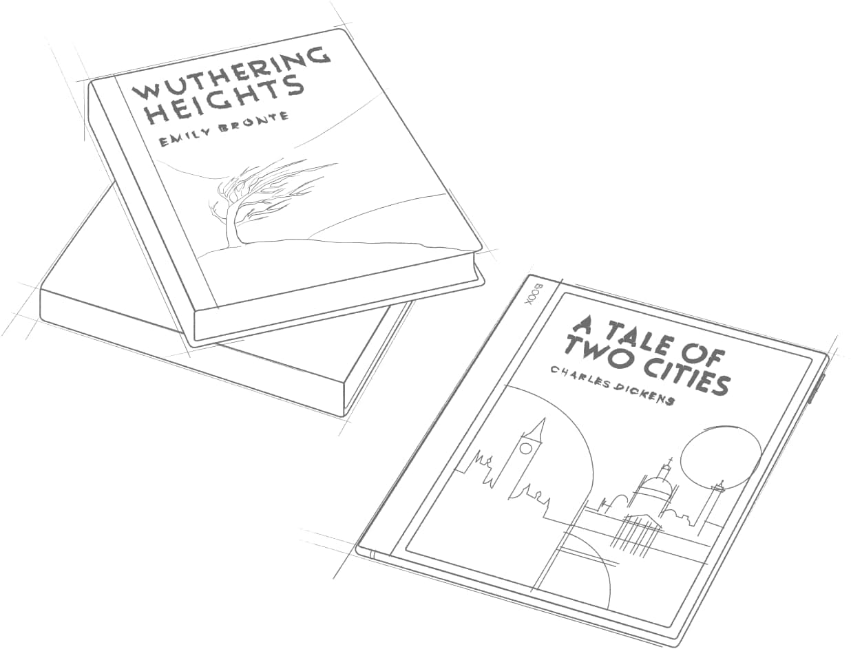 Illustration of the Currently Reading screensaver: book covers for Wuthering Heights and A Tale of Two Cities shown at their original proportions