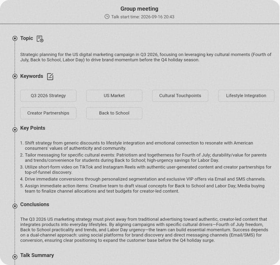 Meeting minutes generated by Talk Insights, with topic, keywords, key points and conclusions