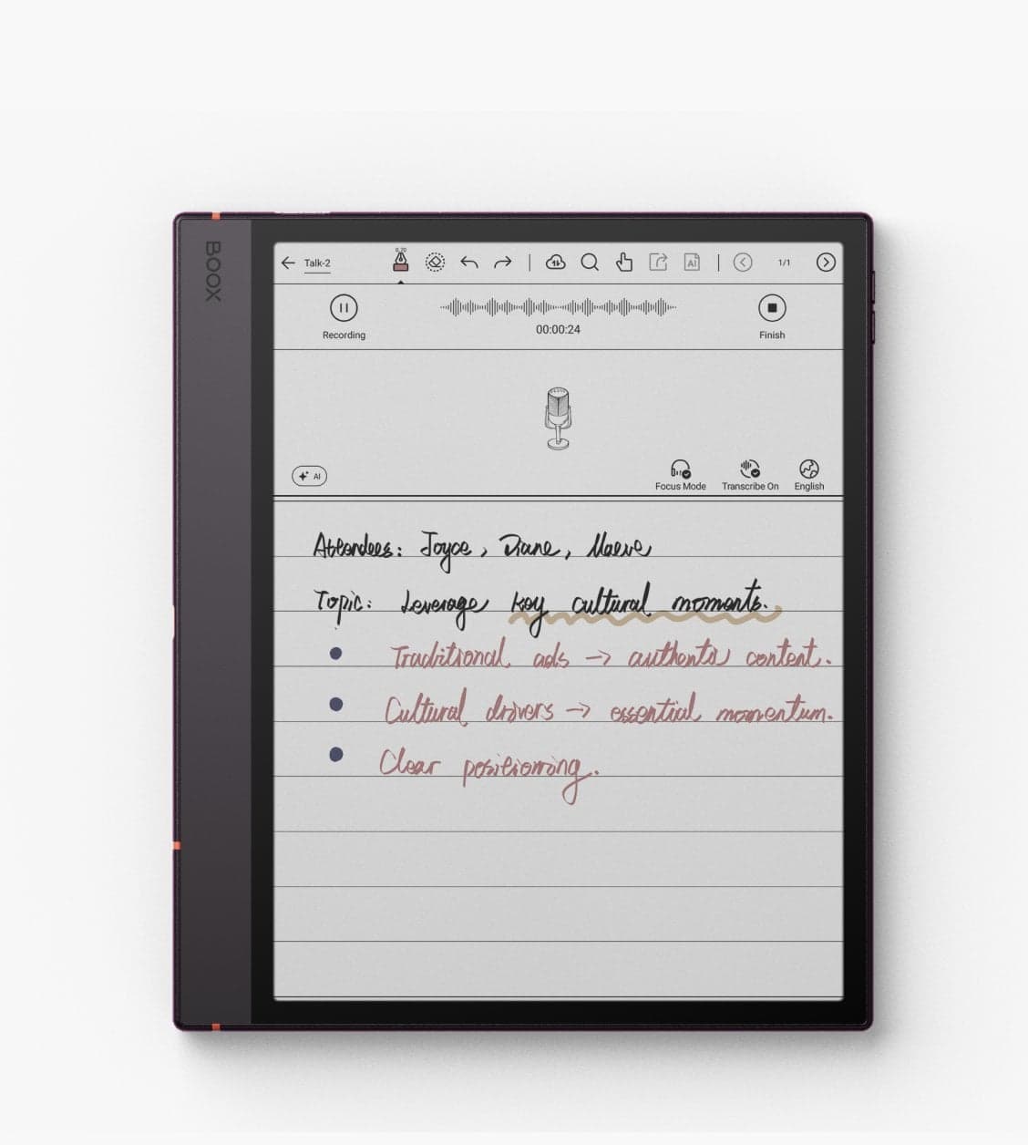 A BOOX tablet running Talk Insights, recording a meeting with a live transcript above handwritten notes