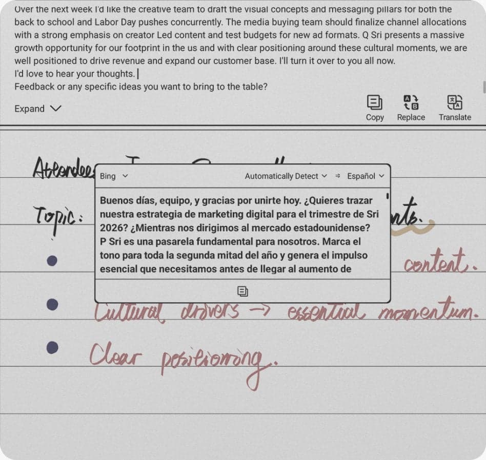 Talk Insights translating an English transcript into Spanish while handwritten notes stay on the page