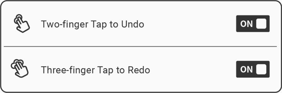 BOOX Notes settings with Two-finger Tap to Undo and Three-finger Tap to Redo both switched on